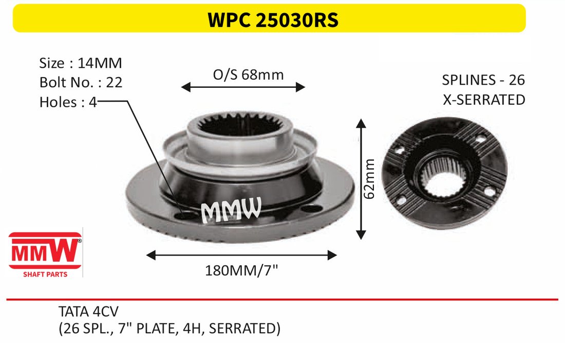 WPC 25030RS Pinion / Diff / Input / Thru Shaft Coupling Flange length 62mm 26 splines for TATA 4CV MMW Auto Industries