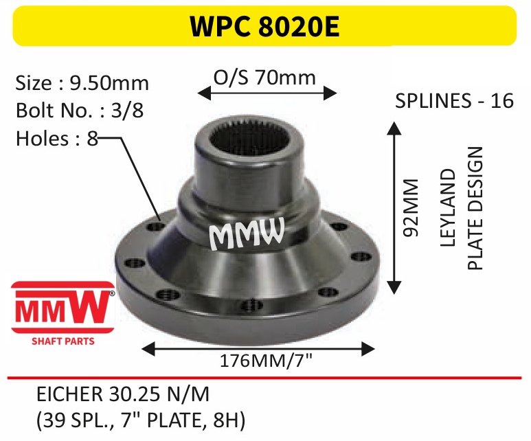 WPC 8020E Pinion / Diff / Input / Thru Shaft Coupling Flange length 92 MM 16 splines for LEYLAND, EICHER 30.25 N/M MMW Auto Industries