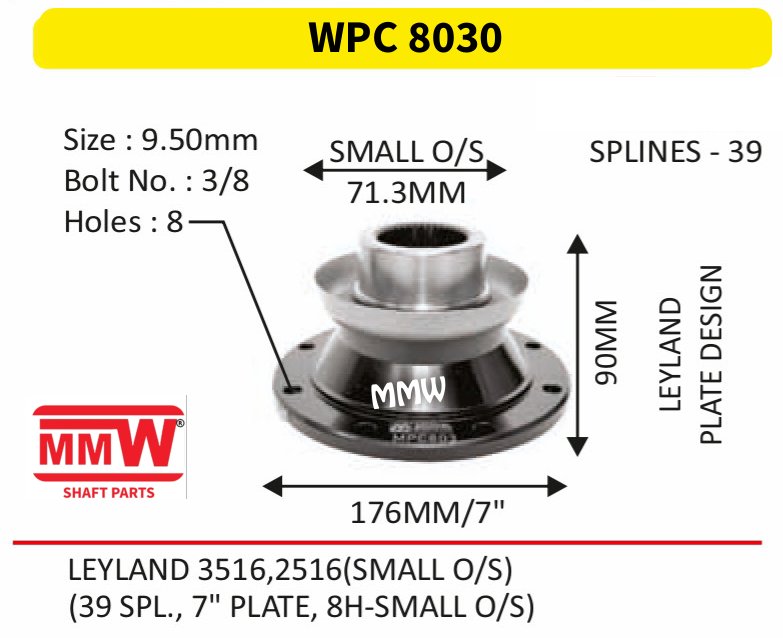 WPC 8030 Pinion / Diff / Input / Thru Shaft Coupling Flange length 71.3 MM 39 splines for LEYLAND, LEYLAND 3516, 2516(SMALL O/S) MMW Auto Industries