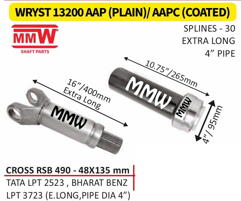 WRYST 13200 AAP (PLAIN)/ AAPC (COATED) Full Sleeve Yoke & Rear Teeth 48X135 MM length 16"/400MM 30 splines 4" pipe for TATALPT2523,BHARATBENZ, LPT3723（E.LONG,PIPEDIA4") MMW Auto In