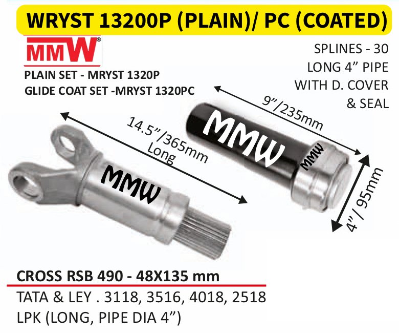WRYST 13200P (PLAIN)/ PC (COATED) Full Sleeve Yoke & Rear Teeth 48X135 MM length 14.5"/365MM 30 splines 4" pipe for TATA&LEY.3118,3516,4018,2518, LPK(LONG,PIPEDIA4") MMW Auto Indus
