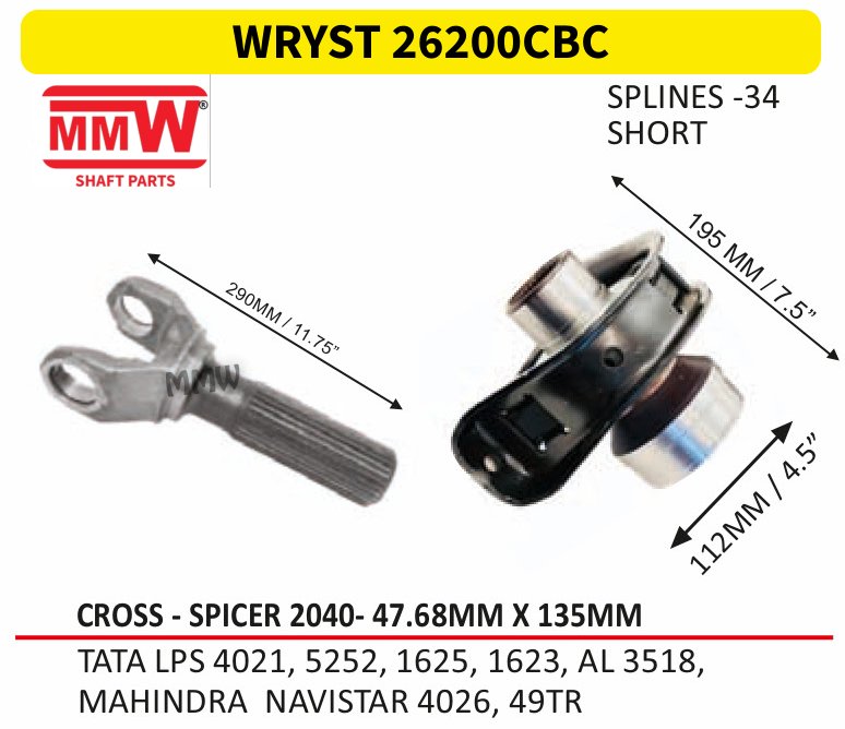 WRYST 26200CBC Full Sleeve Yoke & Rear Teeth 47.68X135 MM length 290MM/11.75" 34 splines for TATALPS 4021, 5252, 1625, 1623, AL 3518,, MAHINDRA MMW Auto Industries