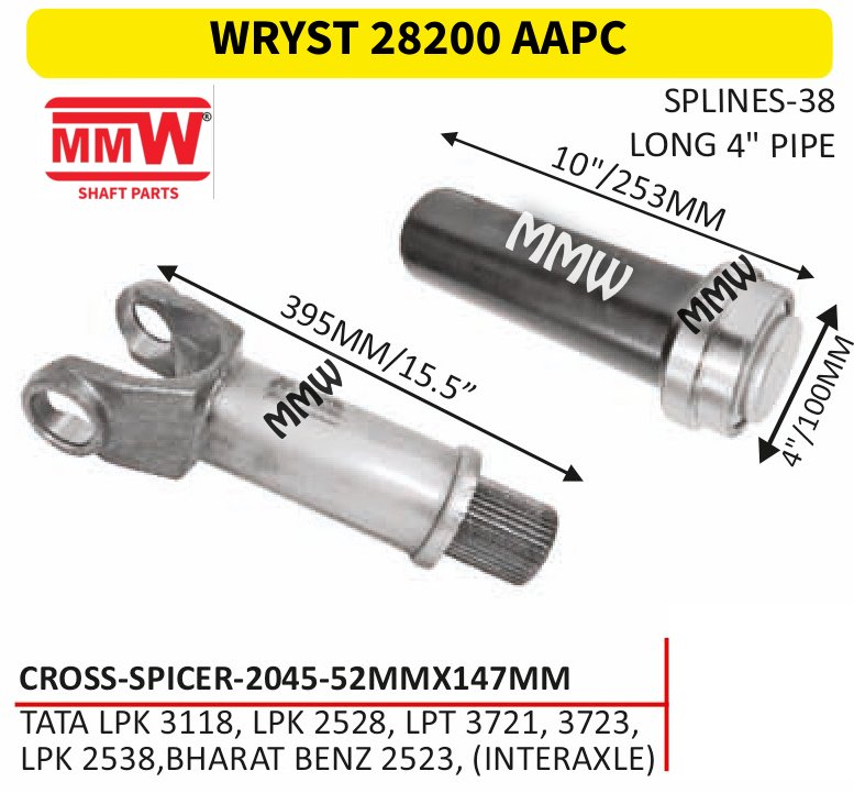 WRYST 28200 AAPC Full Sleeve Yoke & Rear Teeth 52X147 MM length 10"/253 MM 38 splines 4" pipe for TATALPK 3118, LPK 2528, LPT 3721, 3723,, LPK 2538, MMW Auto Industries
