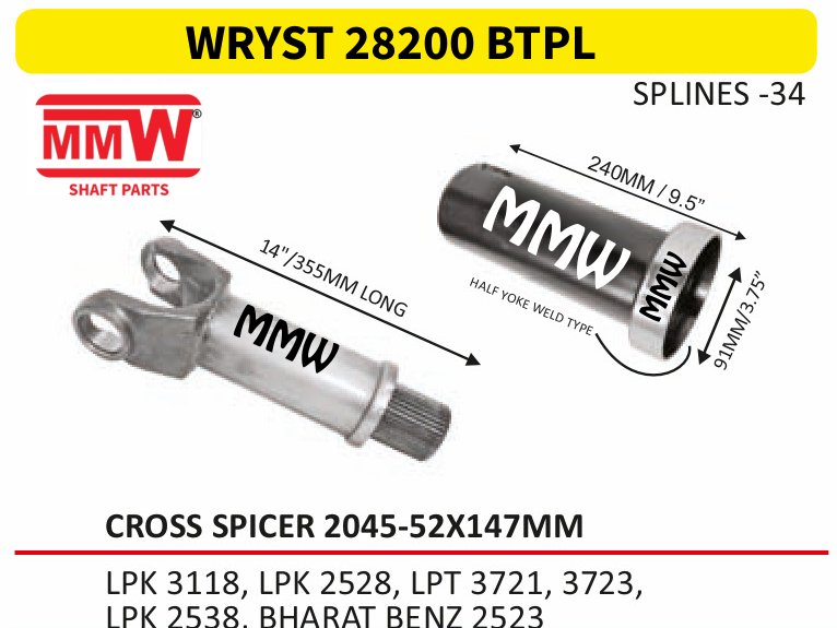WRYST 28200 BTPL Full Sleeve Yoke & Rear Teeth 52X147 MM length 14"/355MM 34 splines for LPK 3118, LPK 2528, LPT 3721, 3723,, LPK 2538, BHA MMW Auto Industries