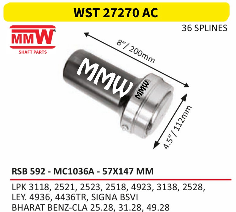 WST 27270 AC Full Sleeve Yoke & Rear Teeth 57X147 MM length 8"/200mm for LPK 3118, 2521, 2523, 2518, 4923, 3138, 2528,, LEY MMW Auto Industries