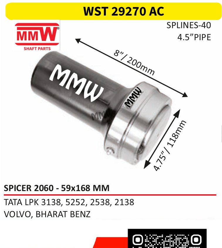 WST 29270 AC Full Sleeve Yoke & Rear Teeth 59X168 MM length 8"/200mm 40 splines 4.5" pipe for TATA LPK 3138, 5252, 2538, 2138, VOLVO, BHARAT BEN MMW Auto Industries
