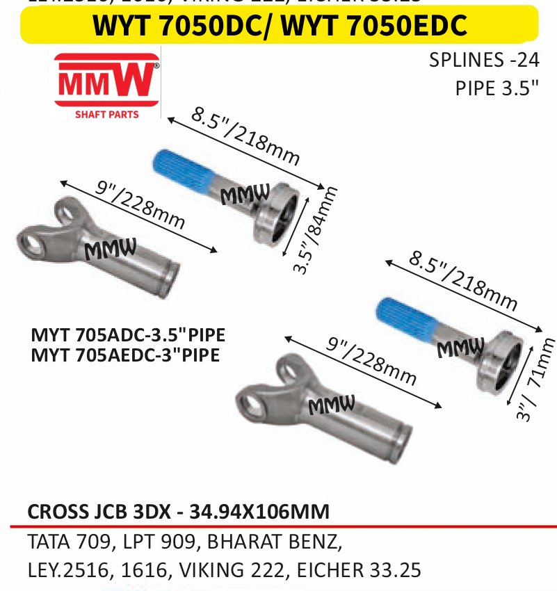 WYT 7050DC/ WYT 7050EDC Full Sleeve Yoke & Rear Teeth 34.94X106 MM length 9"/228MM 24 splines 3.5" pipe for TATA709,LPT909,BHARATBENZ,, LEY.2516,1616,VIKING22 MMW Auto Industries