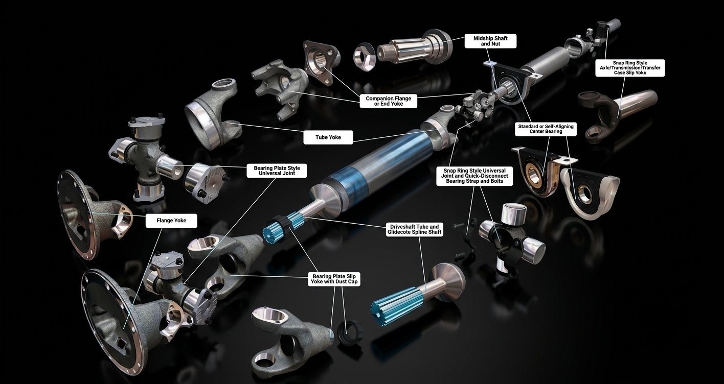 Exploded diagram of an MMW propeller shaft assembly showing flange yoke, tube yoke, midship shaft and nut, bearing plate universal joints, driveshaft tube with Glidecote spline, center bearing, and slip yoke components