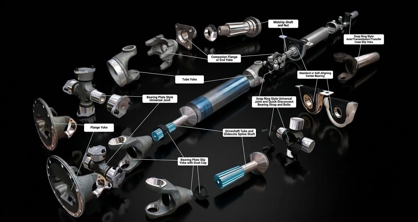 Illustration: exploded view of a propeller shaft driveline - flange yoke, UJ cross, tube yoke, centre bearing and slip yoke