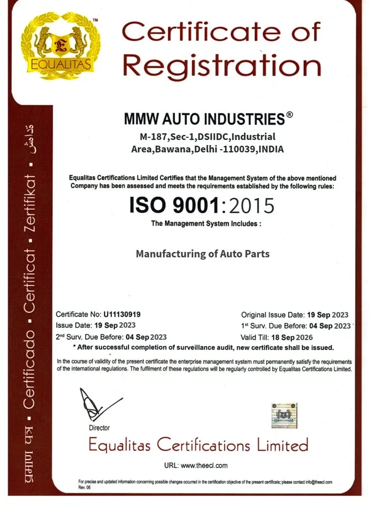 MMW Auto Industries ISO 9001:2015 Certificate